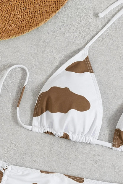 Trendy Cow Print 3-Piece Bikini – Thong Swimwear with Mini Sarong Skirt