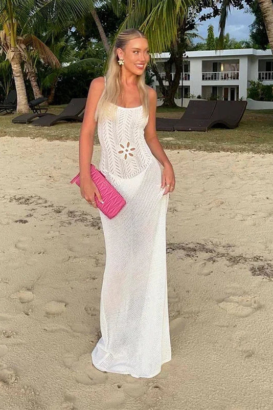 Sexy Knitted Floral Cut-Out Backless Beach Maxi Dress for Women - White
