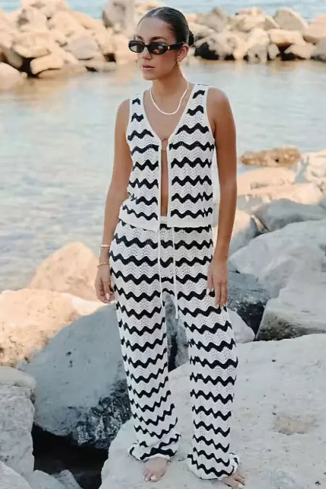 Wave Striped Knit 2-Piece Set Swimsuit Cover-Up Outfit