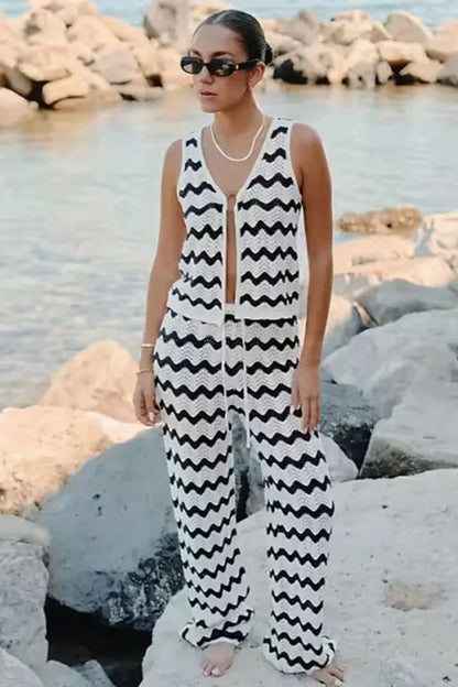 Wave Striped Knit 2-Piece Set Swimsuit Cover-Up Outfit