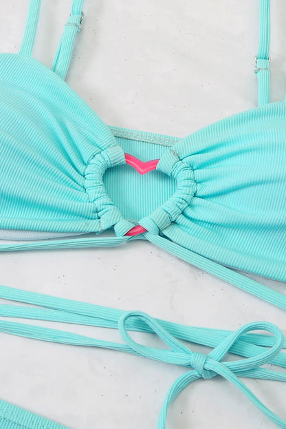 Ribbed Thong Bikini Set – 3-Piece Micro Swimwear with Matching Sarong Skirt