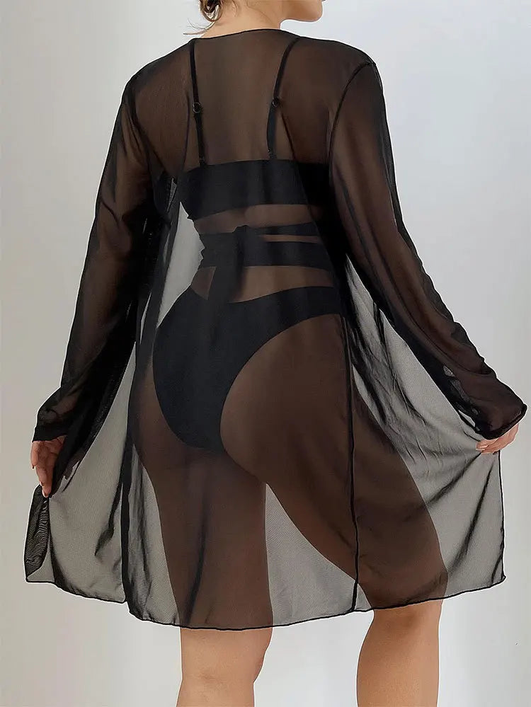 Black 3-Piece High-Waist Bikini Set with Long Sleeve Beach Cover-Up Bandage Swimwear
