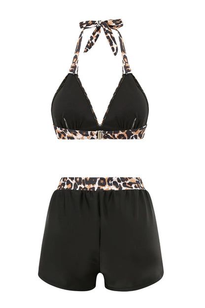 2-Piece Leopard Bikini Set with Shorts – High Waist Halter Swimwear