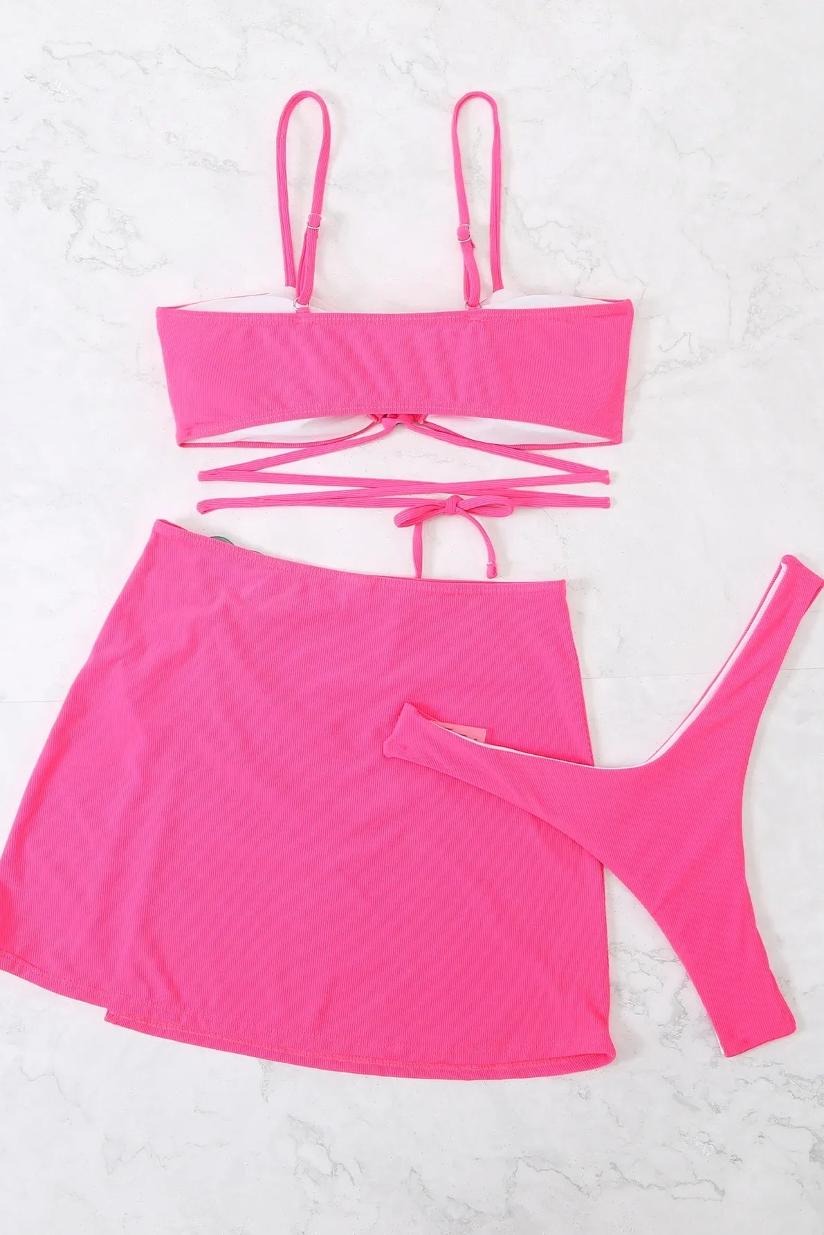 3-Piece Ribbed Swimwear with Skirt Coverup - Pink