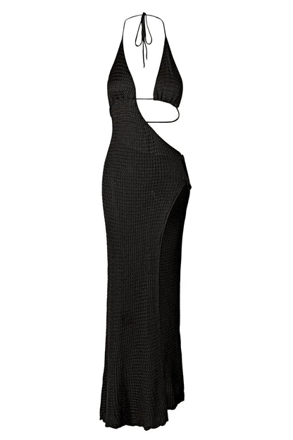 Slim Knit Halter Maxi Dress – Low-Cut Beach Cover-Up with Cut-Out & Circle Detail