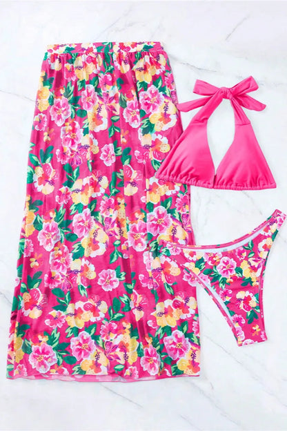 3-Piece Micro Bikini Set with Floral Beach Skirt Cover-Up