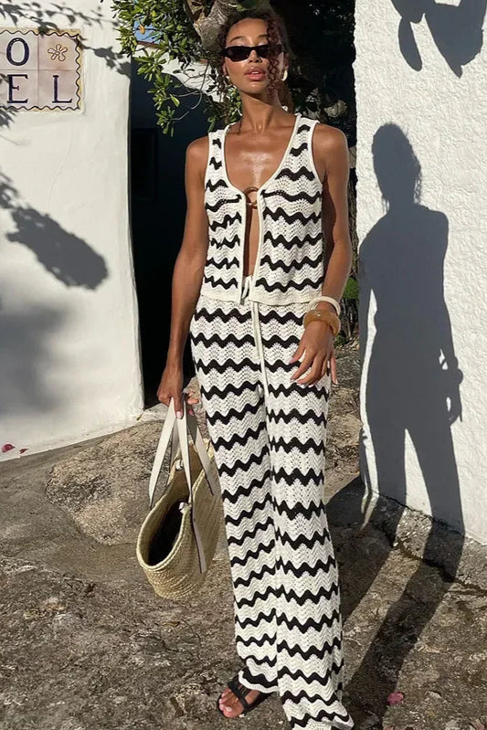 Wave Striped Knit 2-Piece Set Swimsuit Cover-Up Outfit