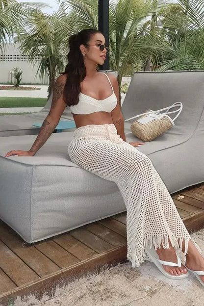 Chic Summer Knit Cut-Out Wrap Skirt – Fringed, Drawstring Cover-Up