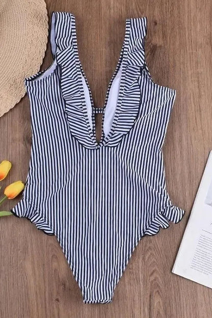 Retro Ruffle Monokini – Striped One-Piece Summer Swimsuit