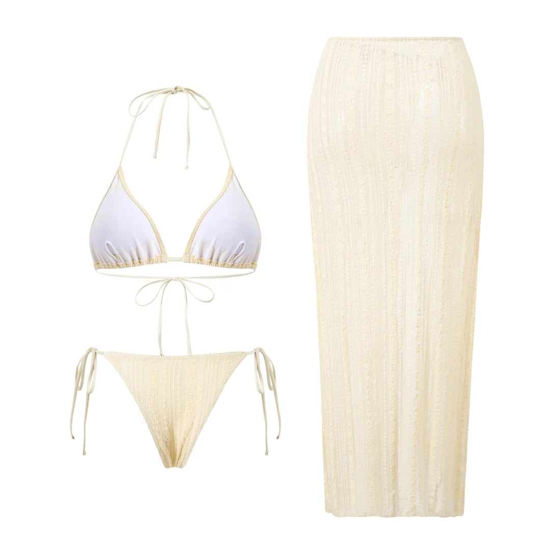 Beige High Leg  Cut Halter 3-Piece Bikini Set with Skirt