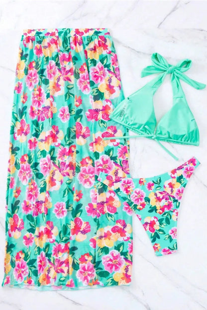 3-Piece Micro Bikini Set with Floral Beach Skirt Cover-Up
