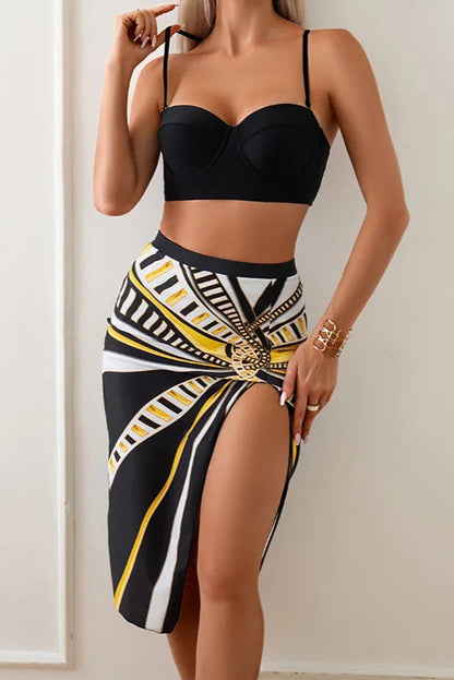 High Waist Bikini Set with Sarong Skirt