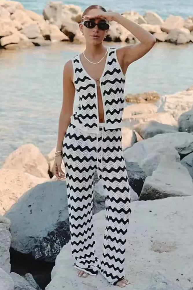 Wave Striped Knit 2-Piece Set Swimsuit Cover-Up Outfit