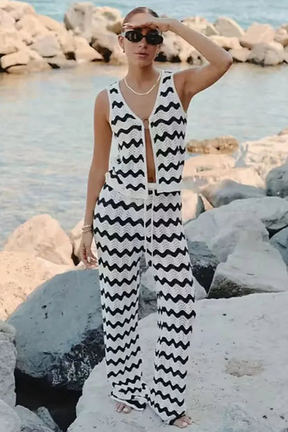 Wave Striped Knit 2-Piece Set Swimsuit Cover-Up Outfit
