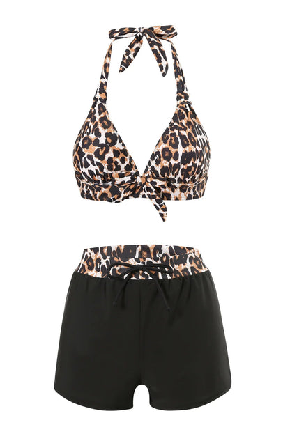 2-Piece Leopard Bikini Set with Shorts – High Waist Halter Swimwear