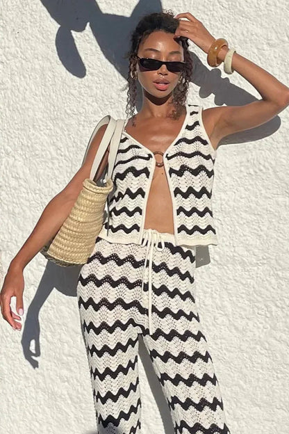 Wave Striped Knit 2-Piece Set Swimsuit Cover-Up Outfit
