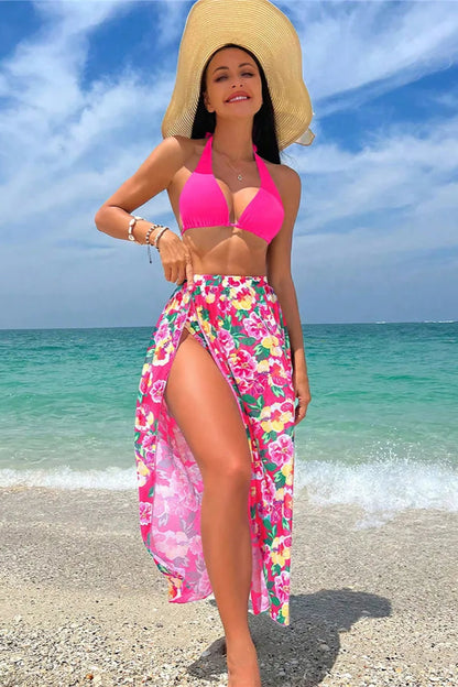 3-Piece Micro Bikini Set with Floral Beach Skirt Cover-Up