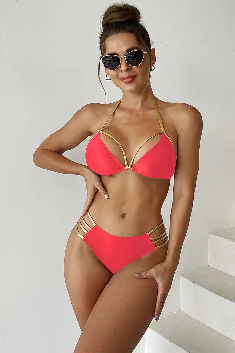Gold Brazilian Thong Bikini Set – Sexy Swimwear for Beach & Pool