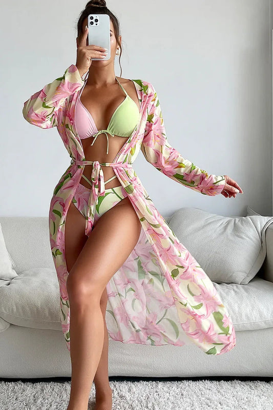 Floral Print 3-Piece Swimwear Set – Thong Bikini with Long-Sleeve Kimono Cover-Up
