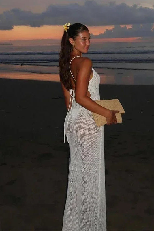 Sexy Knitted Floral Cut-Out Backless Beach Maxi Dress for Women - White