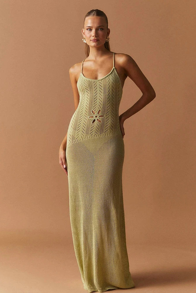 Sexy Knitted Floral Cut-Out Backless Beach Maxi Dress for Women - Green