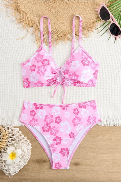 Pink Floral Cut-Out Bikini Set – Mid Waist Two-Piece Swimwear