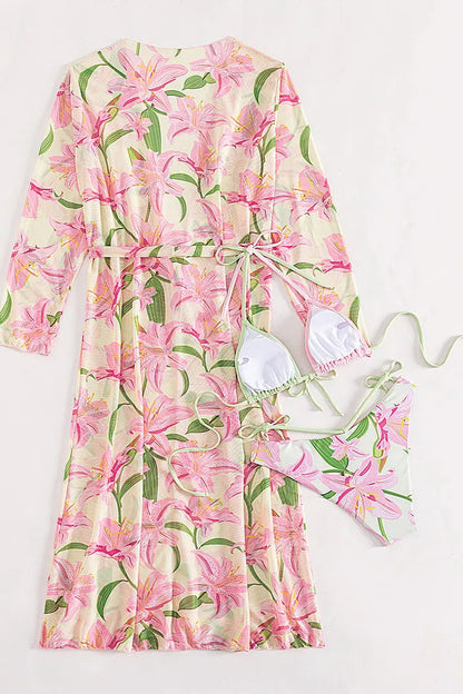 Floral Print 3-Piece Swimwear Set – Thong Bikini with Long-Sleeve Kimono Cover-Up