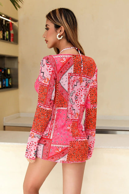 Retro Ethnic Print 3-Piece Swimwear Set – Thong Bikini with Long-Sleeve Kimono Cover-Up and Drawstring Detail