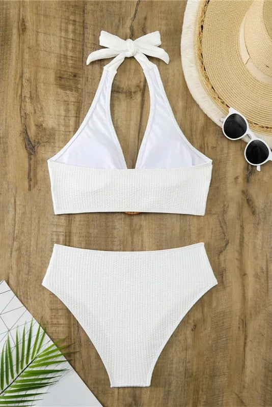 White High Waist Bikini Set – Ring Link Top Two-Piece Swimwear