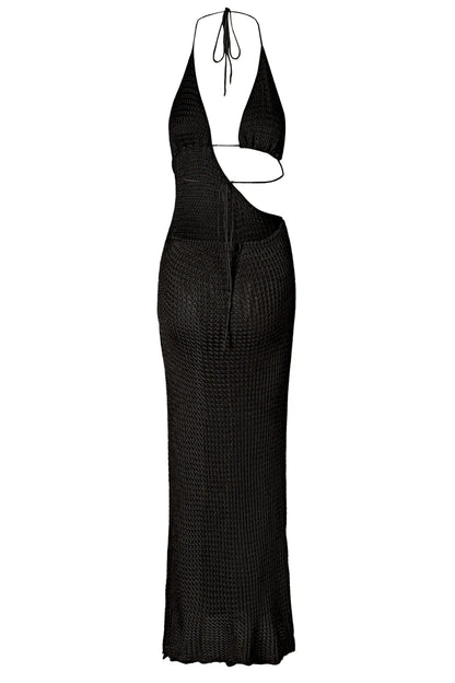 Slim Knit Halter Maxi Dress – Low-Cut Beach Cover-Up with Cut-Out & Circle Detail
