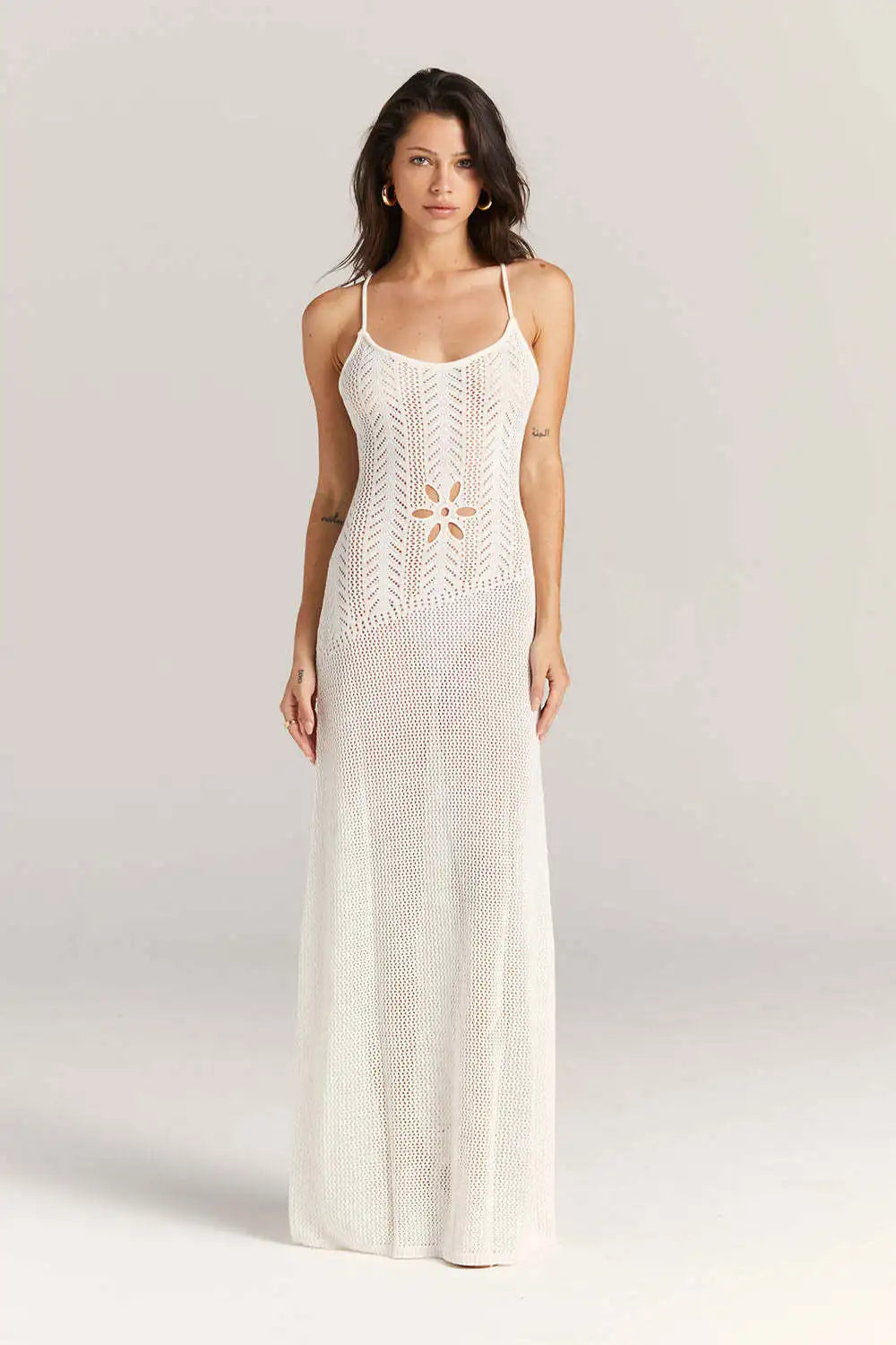 Sexy Knitted Floral Cut-Out Backless Beach Maxi Dress for Women - White
