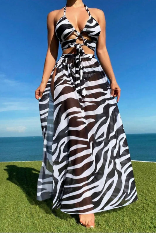 Zebra Floral Thong Bikini & Wrap Skirt Set