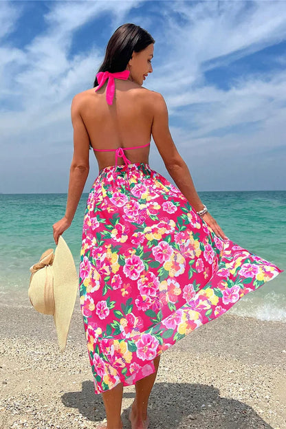 3-Piece Micro Bikini Set with Floral Beach Skirt Cover-Up