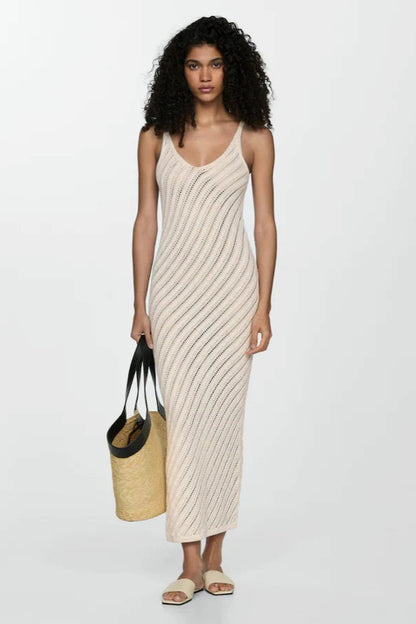 Chic Spaghetti Strap V-Neck Knit Maxi Dress – Beachwear Swimsuit Cover-Up