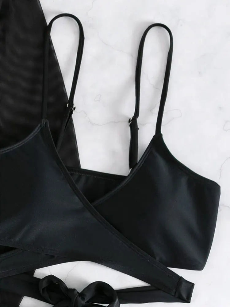 Black 3-Piece High-Waist Bikini Set with Long Sleeve Beach Cover-Up Bandage Swimwear