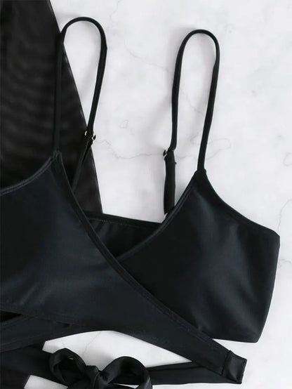 Black 3-Piece High-Waist Bikini Set with Long Sleeve Beach Cover-Up Bandage Swimwear