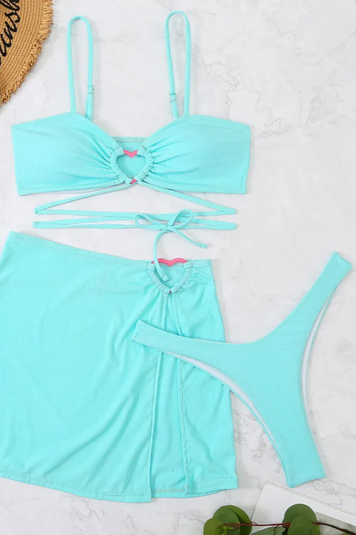 3-Piece Ribbed Swimwear with Skirt Coverup - Blue