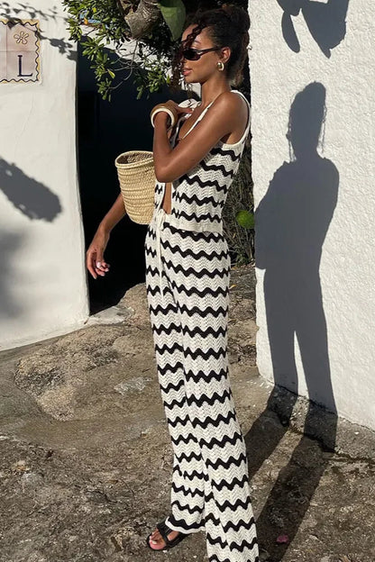 Wave Striped Knit 2-Piece Set Swimsuit Cover-Up Outfit