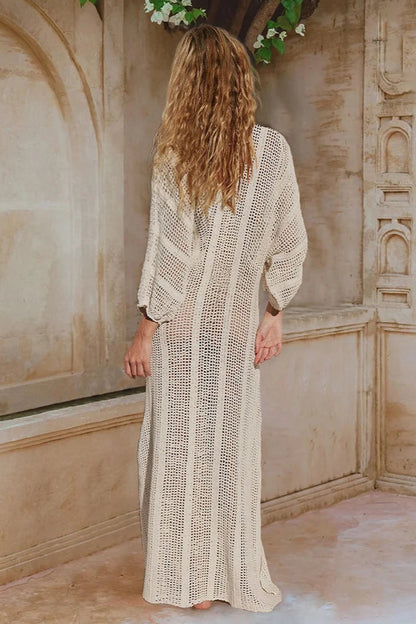 Elegant Knit Cover-Up Maxi Dress – V-Neck, See-Through, Side Split, Lantern Sleeves