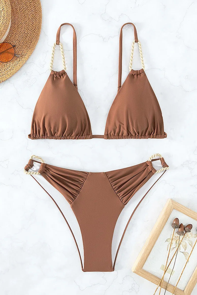 Brown Micro Triangle Bikini Set – Two-Piece Brazilian Swimwear Beachwear