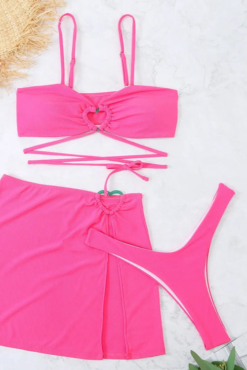 3-Piece Ribbed Swimwear with Skirt Coverup - Pink