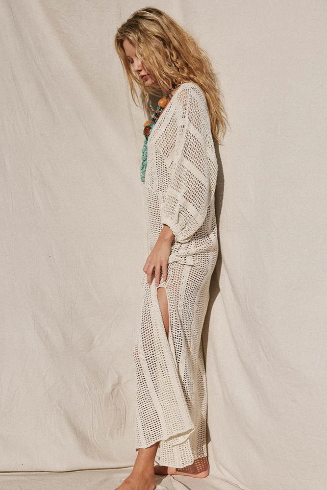 Elegant Knit Cover-Up Maxi Dress – V-Neck, See-Through, Side Split, Lantern Sleeves