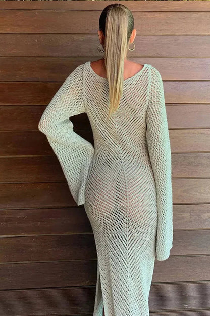 Solid Knit Beach Maxi Dress – Flared Sleeve Swimsuit Cover-Up