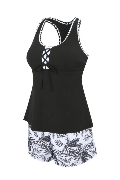 Stylish Print Tankini with Racerback Top & Swim Shorts