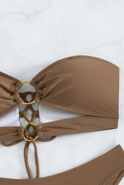 Brown Bandeau Bikini Set – Sexy Thong Cut Brazilian Swimsuit