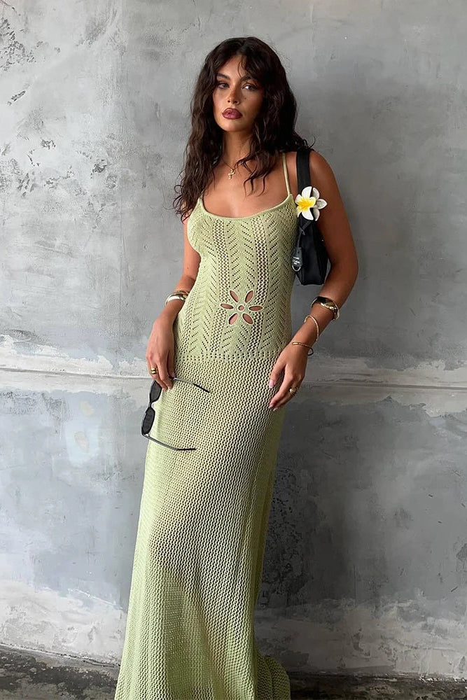 Sexy Knitted Floral Cut-Out Backless Beach Maxi Dress for Women - Green