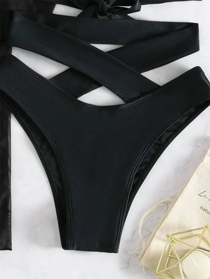 Black 3-Piece High-Waist Bikini Set with Long Sleeve Beach Cover-Up Bandage Swimwear