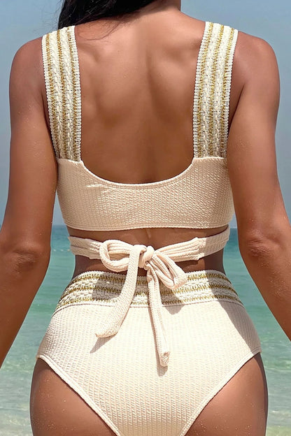 High-Waist Milky Two-Piece Bikini with Cross Wrap Design