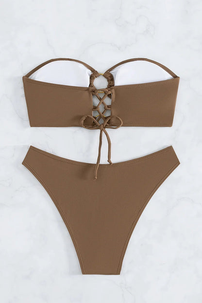 Brown Bandeau Bikini Set – Sexy Thong Cut Brazilian Swimsuit