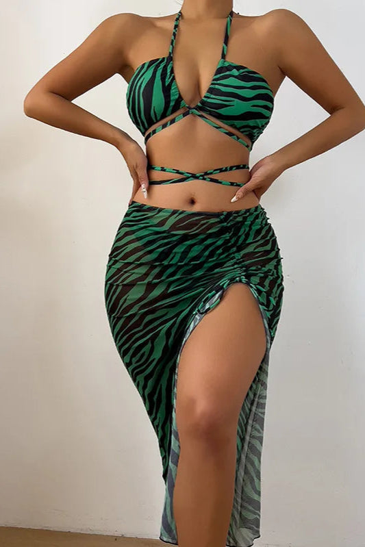 Zebra Print 3-Piece Micro Bikini Set – String Bikini with Low-Waist Skirt Swimsuit